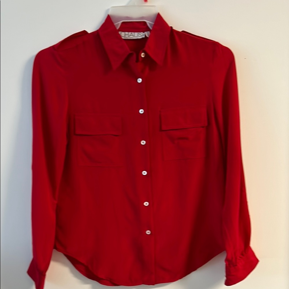 CHAUS 100% PURE SILK Red Button-Up Blouse SIZE 8